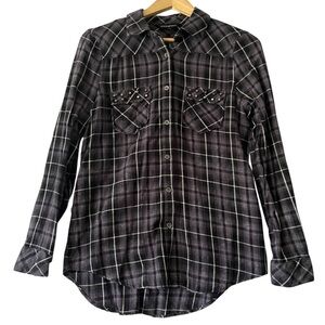 Rock & Republic Button Front Studded Pockets Shirt Plaid Women's M Gothic Grunge